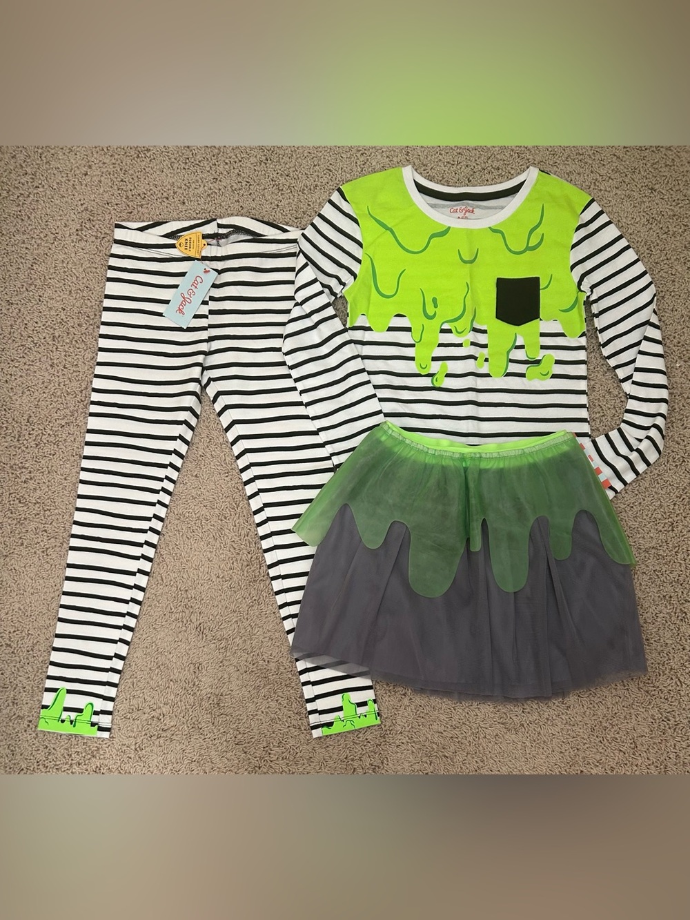 NWT New Cat & Jack Halloween Slime Shirt Skirt Leggings Outfit Girls M Medium